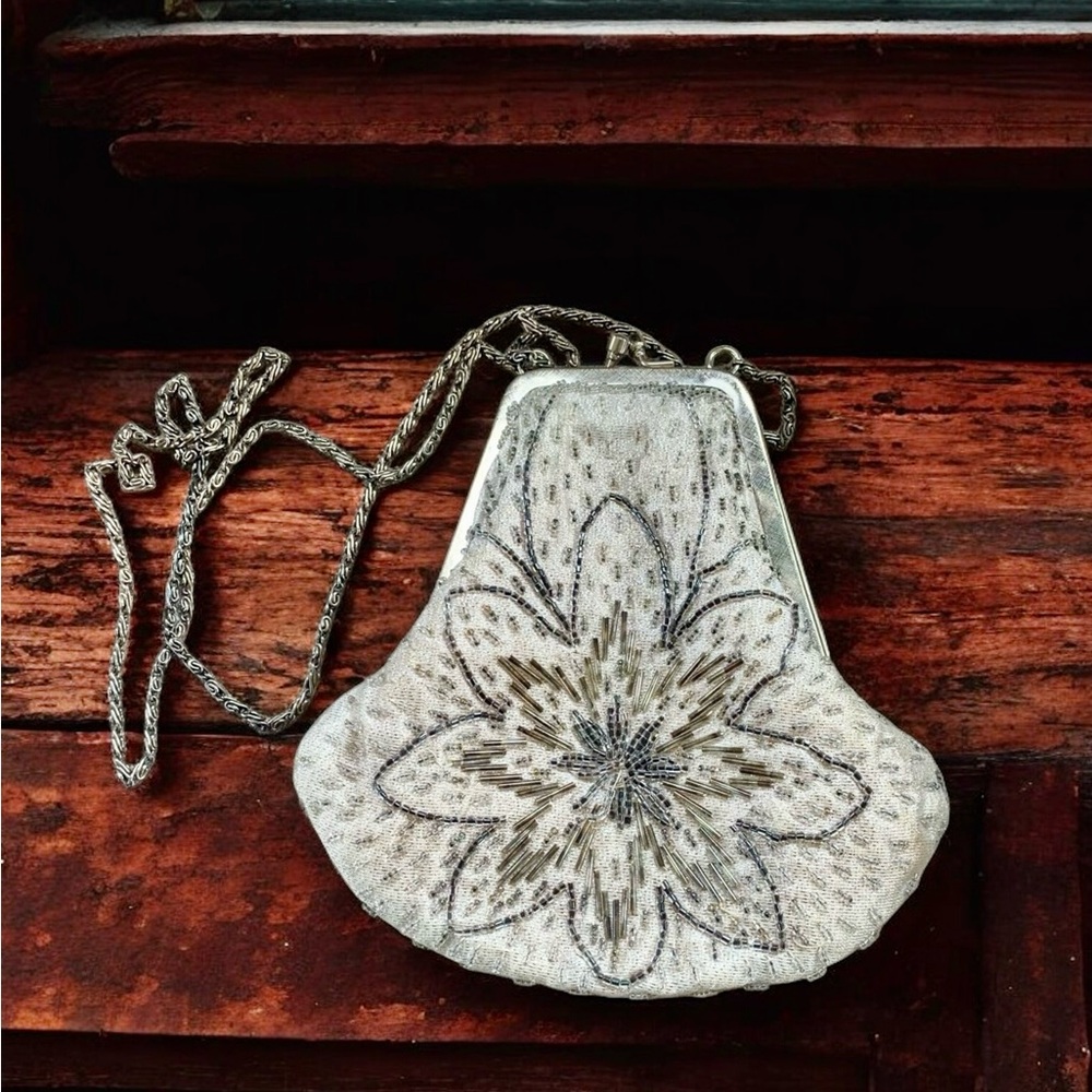Vintage Fine Arts Bag Co Beaded Floral Evening Clutch Silver Champagne Wedding
